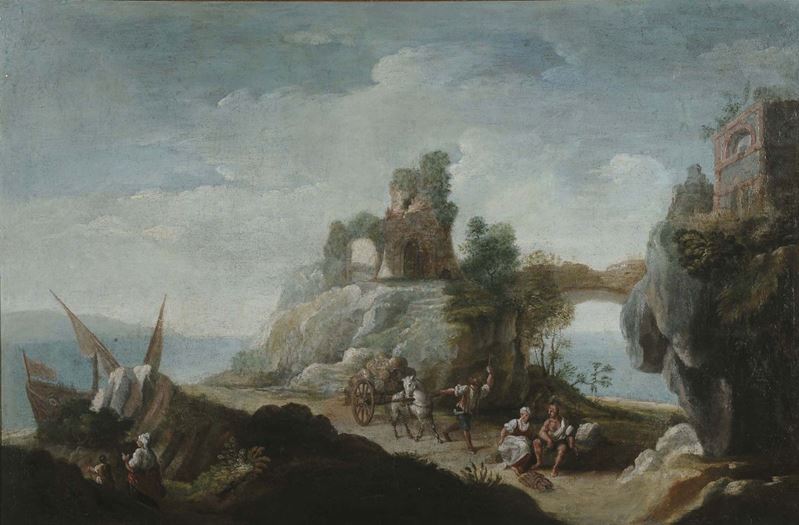 Scuola del XVIII secolo Paesaggio con rovine, pescatori e barca  - Asta Antiquariato e Dipinti Antichi - Cambi Casa d'Aste