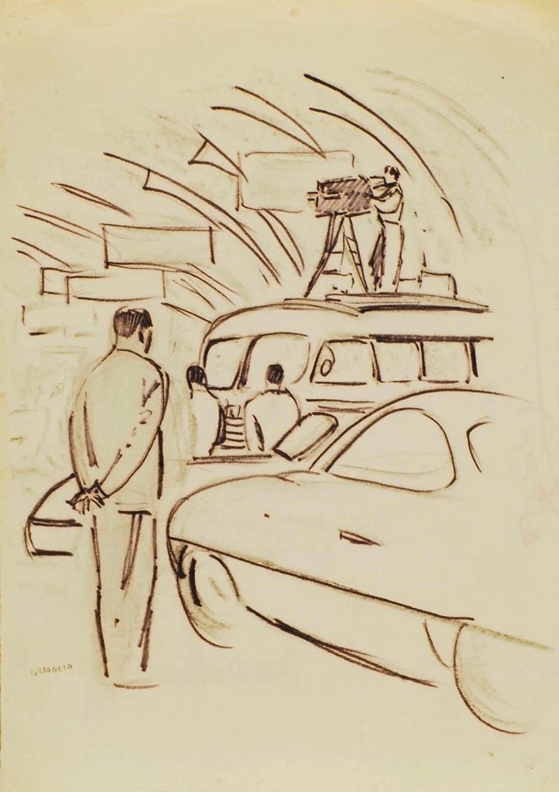 Carlo Quaglia (1903-1970) La TV al salone, 1955  - Auction Carlo Quaglia, an anthology of the work - I - Cambi Casa d'Aste