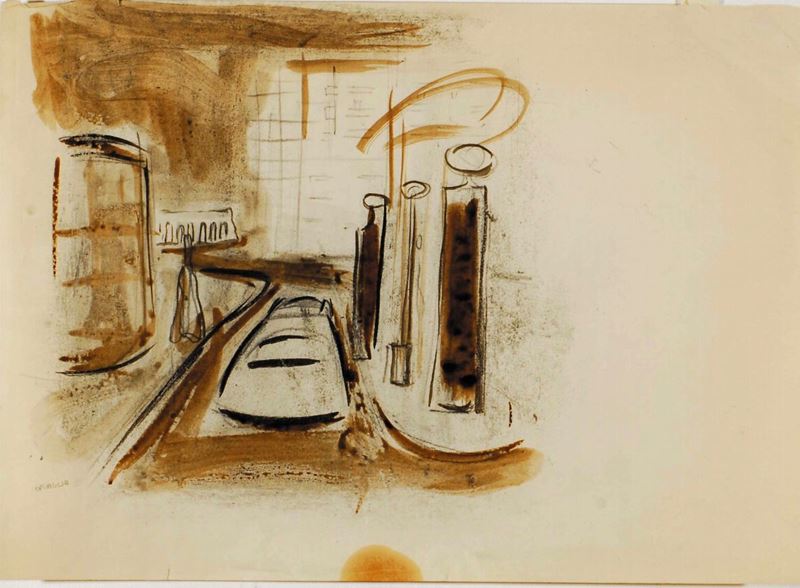 Carlo Quaglia (1903-1970) Auto alla pompa di benzina, 1955  - Asta Carlo Quaglia, un'antologia dell'opera - I - Cambi Casa d'Aste