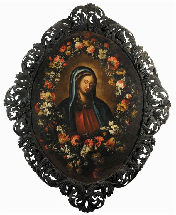 Scuola del XVIII secolo Beata Vergine entro corona di fiori