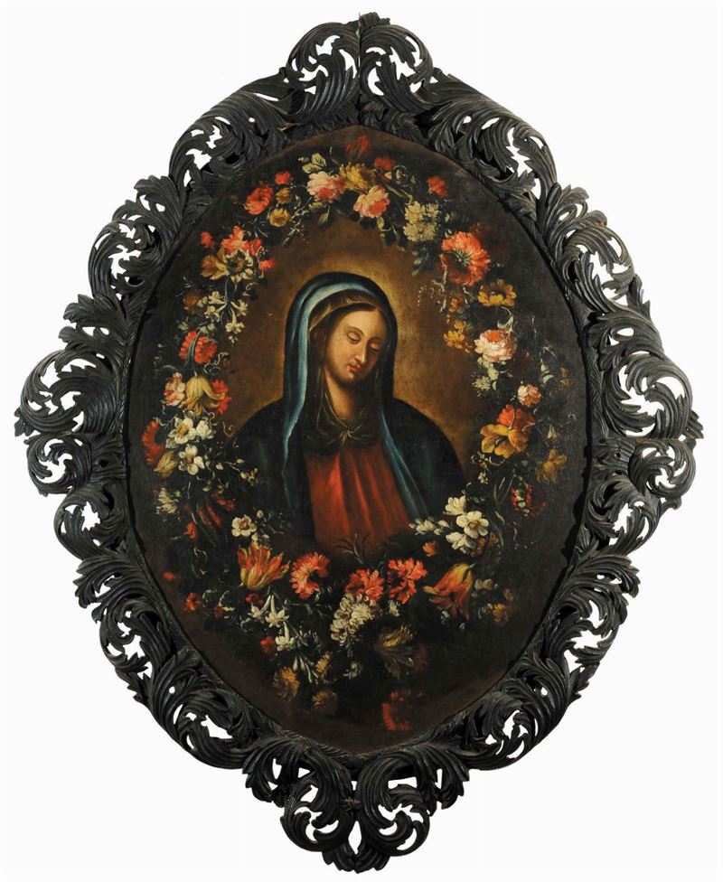 Scuola del XVIII secolo Beata Vergine entro corona di fiori  - Auction Antiques and Old Masters - Cambi Casa d'Aste