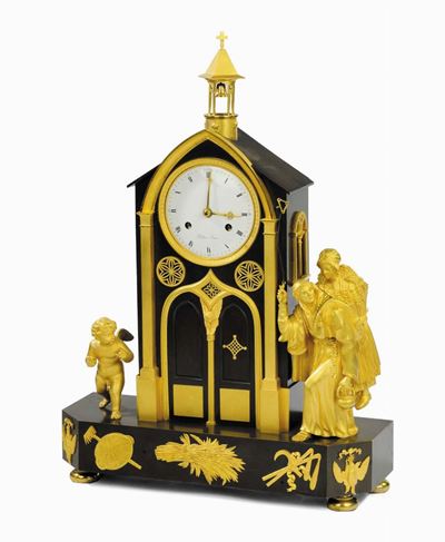 Pendola Impero in Bronzo Dorato e Patinato a Forma di Chiesa, Francia Prima Metà del XIX Secolo