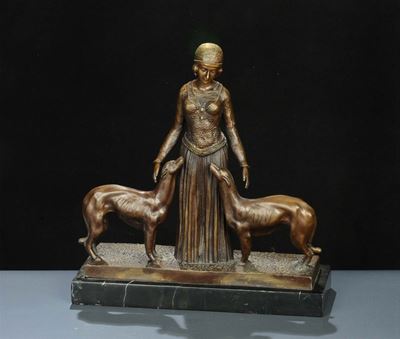 Statua in Bronzo Raffigurante Giovane Donna con Levrieri, Firmata Chiparus