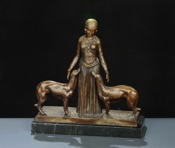 Statua in bronzo raffigurante giovane donna con levrieri, firmata Chiparus