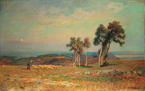 Alberto Falchetti (Caluso 1878 - 1951) Paesaggio con pecore, 1913?