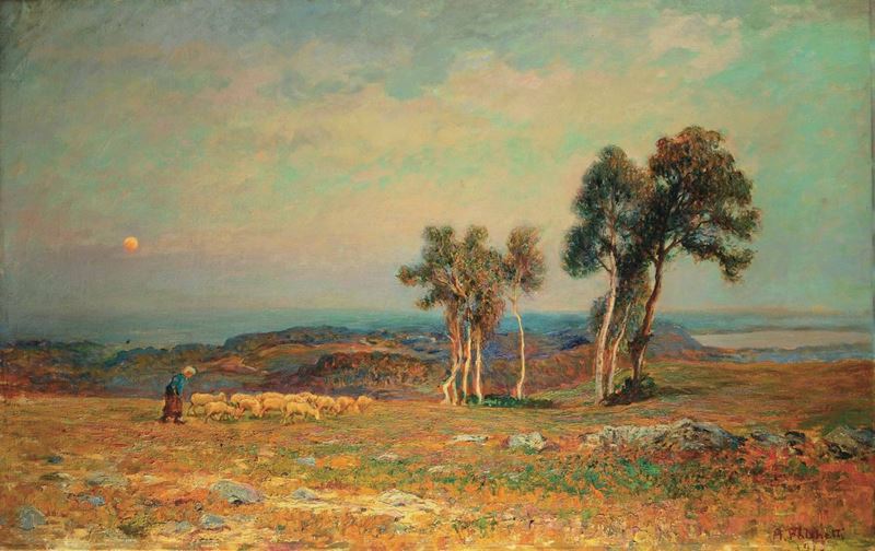 Alberto Falchetti (Caluso 1878 - 1951) Paesaggio con pecore, 1913?  - Asta Dipinti del XIX e XX secolo - Cambi Casa d'Aste