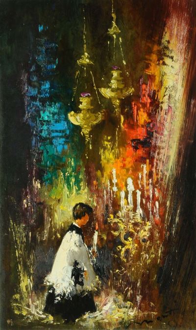 Cesarino Monti (1916-1979)interno con Chiesa con Chirichetto