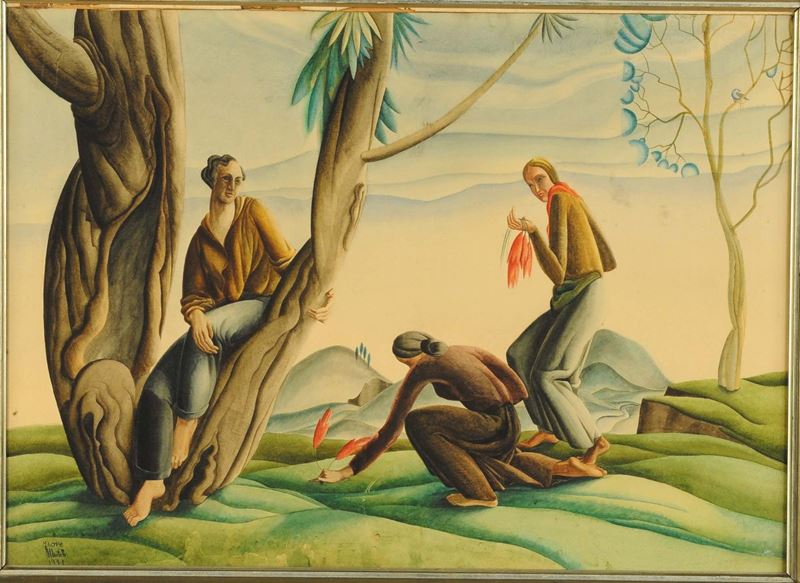 Fiore Martelli (1908-1934) Anime semplici tre figure e albero, 1931  - Auction 19th and 20th century paintings - II - Cambi Casa d'Aste