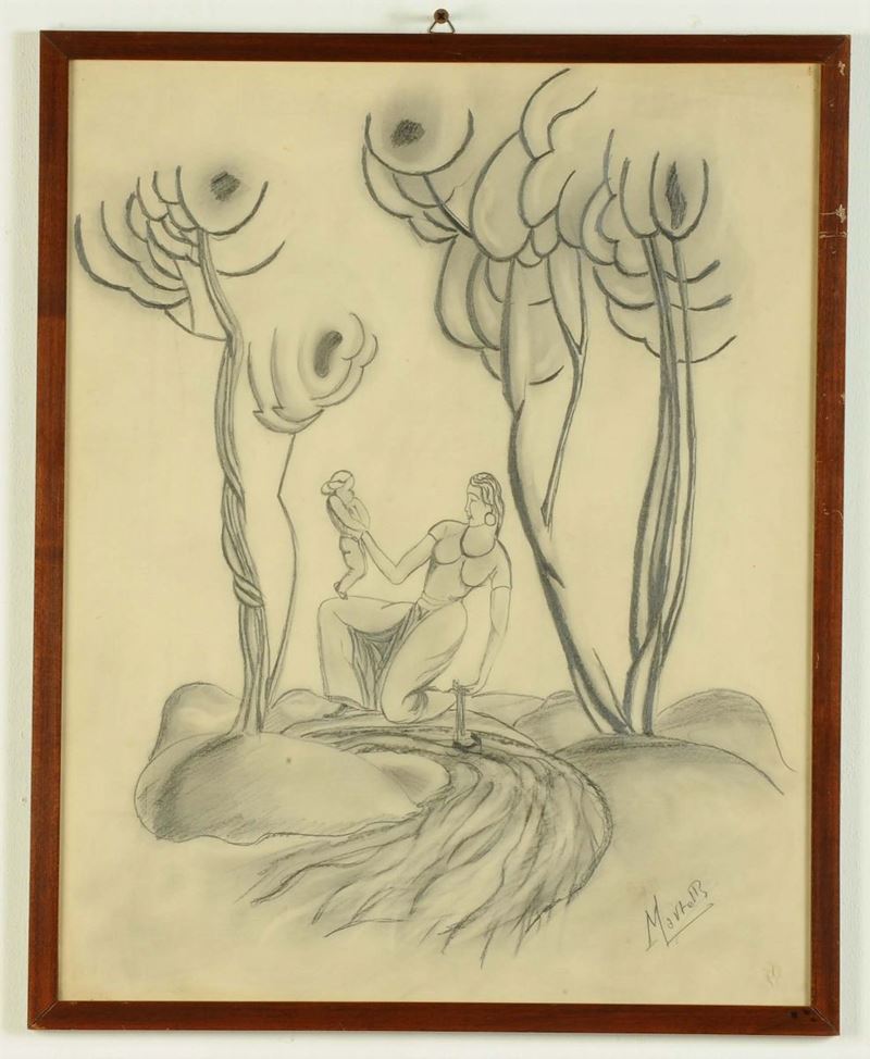 Fiore Martelli (1908-1934) Madre e bimbo al torrente  - Auction OnLine Auction 12-2011 - Cambi Casa d'Aste