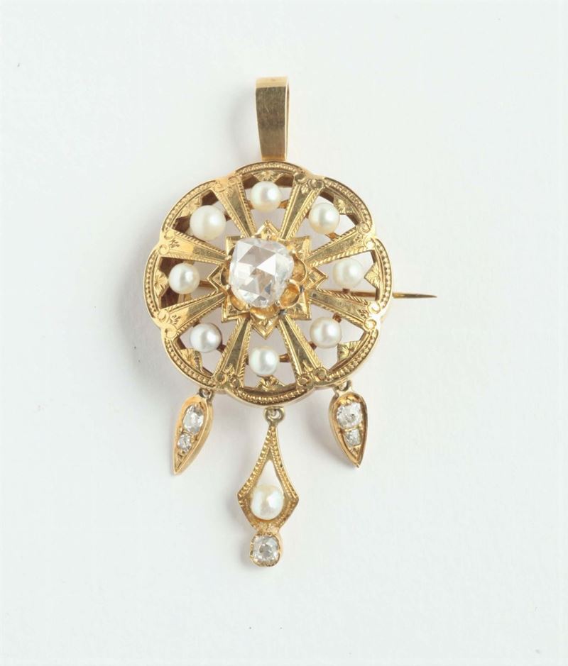 Pendente con diamanti taglio a rosa e piccole perle  - Auction Ancient and Contemporary Clocks and Jewels - Cambi Casa d'Aste
