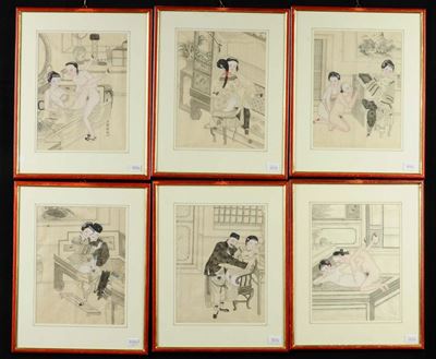 Sei Pannelli Dipinti con Scene Erotiche, Cina Dinastia Qing