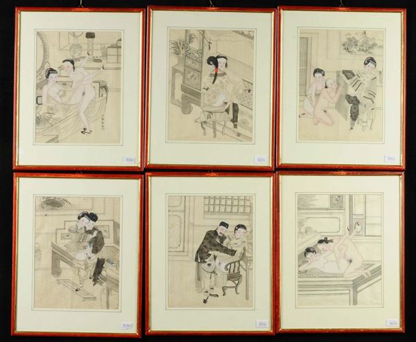 Sei pannelli dipinti con scene erotiche, Cina Dinastia Qing