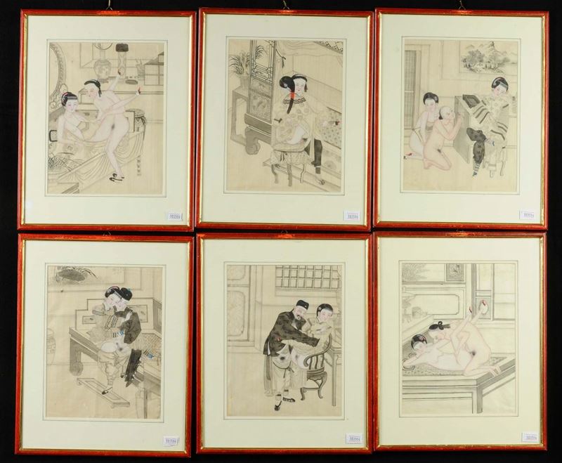 Sei pannelli dipinti con scene erotiche, Cina Dinastia Qing  - Asta Arte Orientale - Cambi Casa d'Aste