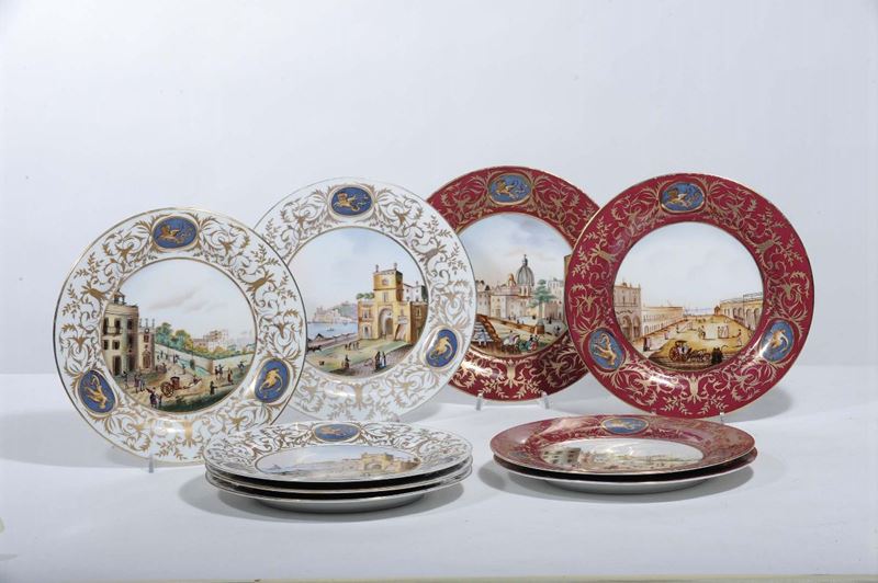 Nove piatti in porcellana a decoro policromo, XIX secolo  - Asta Antiquariato e Dipinti Antichi - Cambi Casa d'Aste