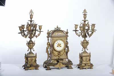 Trittico da Camino in Bronzo Dorato, XIX Secolo