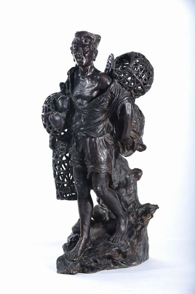 Gruppo in Bronzo Brunito Raffigurante Pescatore, XIX Secolo