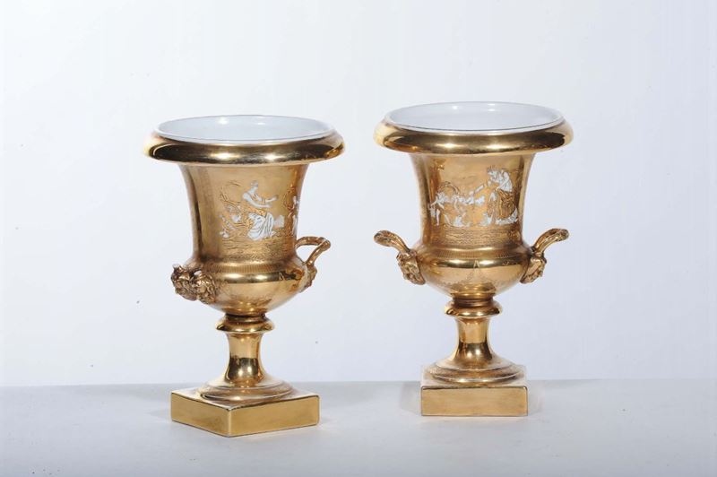 Coppia di vasi Impero in porcellana a fondo oro, XIX secolo  - Asta Asta OnLine 05-2012 - Cambi Casa d'Aste