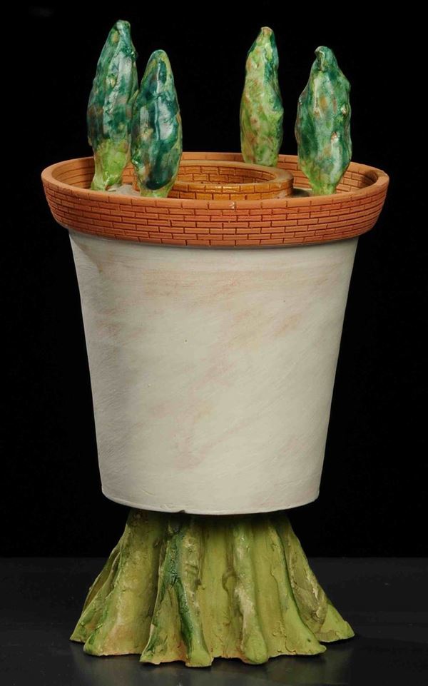 Ugo La Pietra (1938) - Cooperativa Ceramica di Imola Vaso con coperchio a quattro cipressi