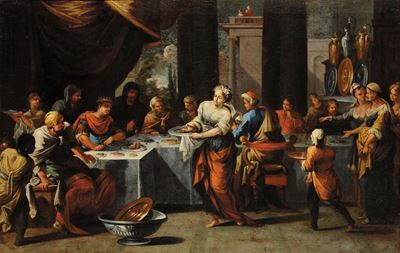 Scuola Veneta del XVII Secolosalomé con la Testa del Battista Profezia Durante Banchetto