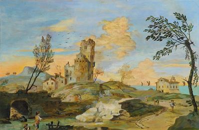 Scuola Fiorentina del XIX Secolopaesaggio con Fiume e Personaggi Paesaggio con Architetture e Per...