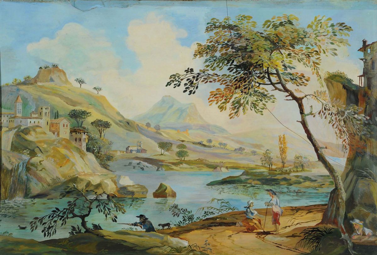 Scuola Fiorentina del XIX Secolopaesaggio con Fiume e Personaggi Paesaggio con Architetture e Per...
