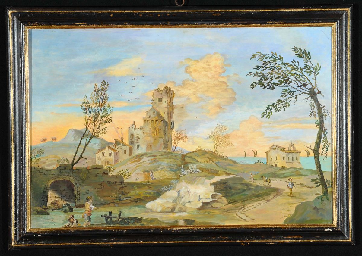 Scuola Fiorentina del XIX Secolopaesaggio con Fiume e Personaggi Paesaggio con Architetture e Per...