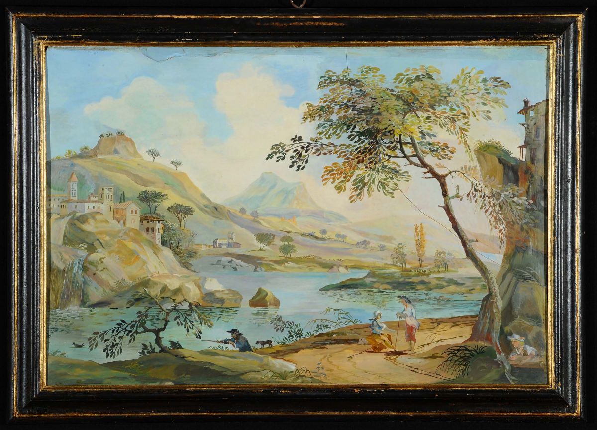 Scuola Fiorentina del XIX Secolopaesaggio con Fiume e Personaggi Paesaggio con Architetture e Per...