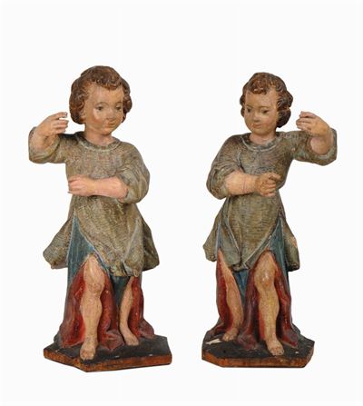 Coppia di Putti in Legno Policromo, Italia Centrale XVII Secolo
