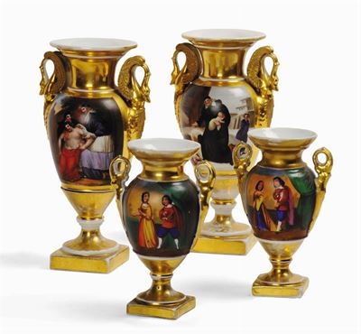 Due Coppie di Vasi in Porcellana Dipinta, XIX Secolo