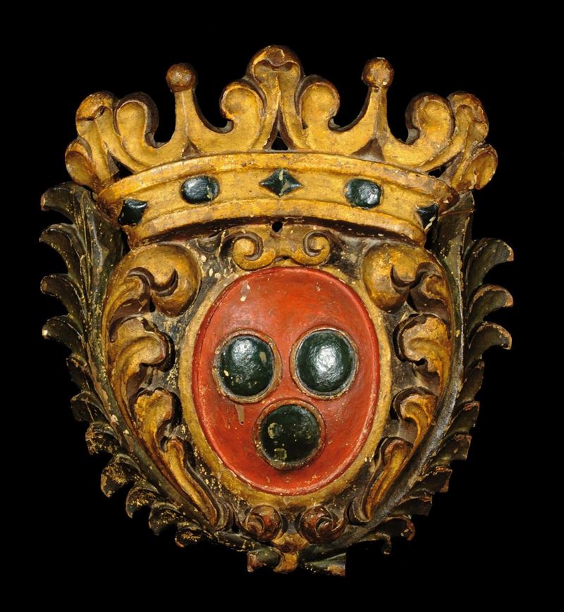 Stemma ovale in legno policromo e dorato, XVII-XVIII secolo  - Asta Scultura e Oggetti d'Arte - Cambi Casa d'Aste