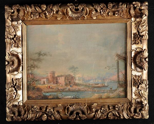 Anonimo del XIX secolo Paesaggio con porticciolo e rovine