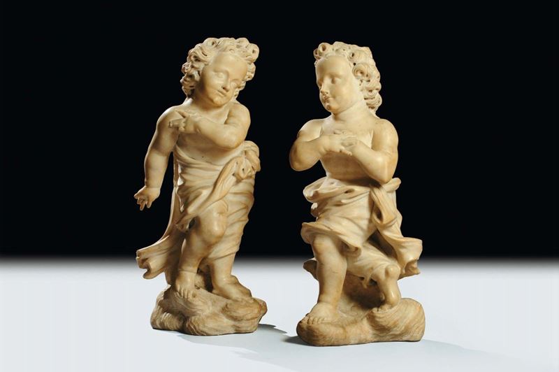 Coppia di putti in marmo bianco, Roma XVII secolo  - Asta Antiquariato e Dipinti Antichi - Cambi Casa d'Aste