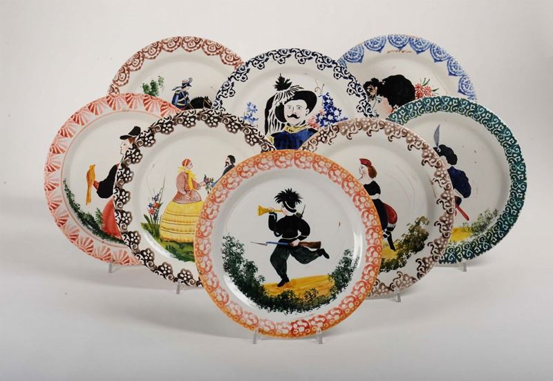 Lotto di otto piatti in ceramica decorati ad arte povera con soggetti diversi, fine XIX secolo  - Auction OnLine Auction 01-2012 - Cambi Casa d'Aste