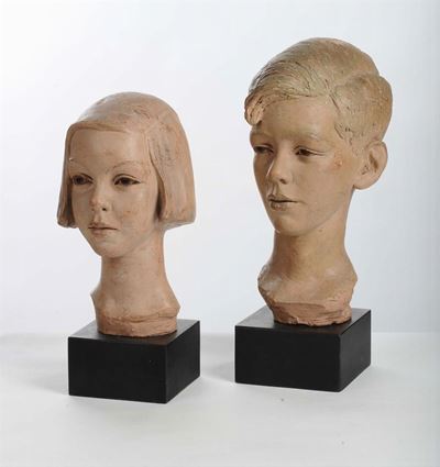 Coppia di Teste in Terracotta Raffiguranti Due Fanciulli