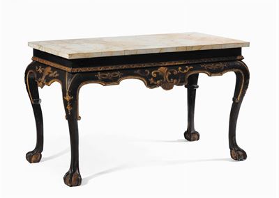 Console Luigi XIV Laccata Nero e Oro, Piano in Pietra Serena Lastronata in Marmo Giallo di Siena,...