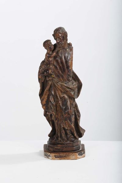 Scultura in Legno Intagliato Raffigurante San Giuseppe e il Bambino, XVIII Secolo