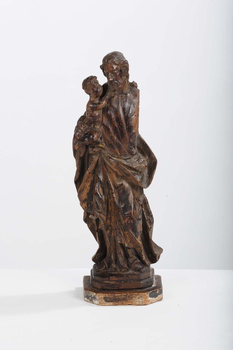 Scultura in legno intagliato raffigurante San Giuseppe e il Bambino, XVIII secolo  - Asta Antiquariato e Dipinti Antichi - Cambi Casa d'Aste