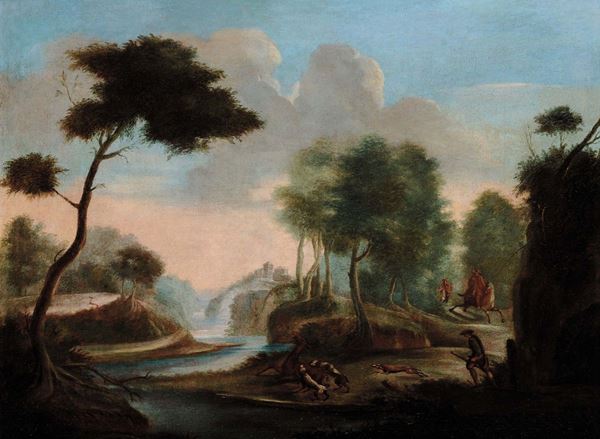 Scuola Veneta del XVIII secolo Paesaggio con scena di caccia