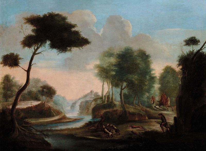 Scuola Veneta del XVIII secolo Paesaggio con scena di caccia  - Auction Antiques and Old Masters - Cambi Casa d'Aste