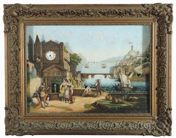 Orologio a quadro raffigurante paesaggio costiero con figure ad olio, XIX secolo