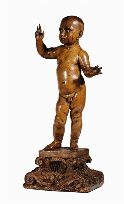 Scultura in Legno Intagliato Raffigurante Bambino su Base, Fine XVIII Secolo