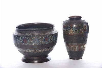 Vaso e Cachepot Cloisonne in Bronzo Dorato