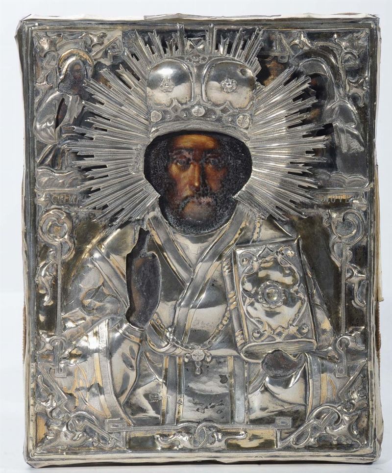 Icona raffigurante Santo con riza in argento, XVIII secolo  - Asta Antiquariato e Dipinti Antichi - Cambi Casa d'Aste