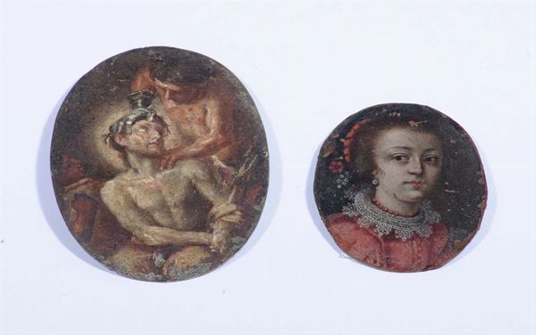 Due miniature su metallo raffiguranti ritratto femminile e coronazione di spine