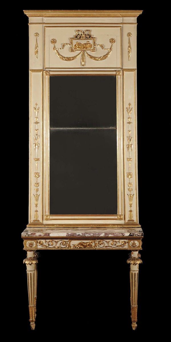 Console Luigi XVI con specchiera in legno intagliato, dorato e laccato, XVIII secolo  - Auction Antiques and Old Masters - Cambi Casa d'Aste
