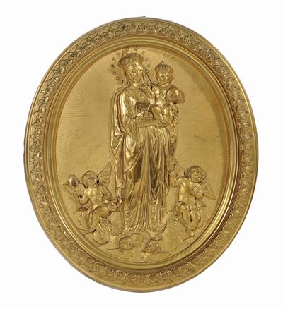 Placca in Bronzo Dorato Raffigurante Madonna con Bambino su Nuvole, XIX Secolo
