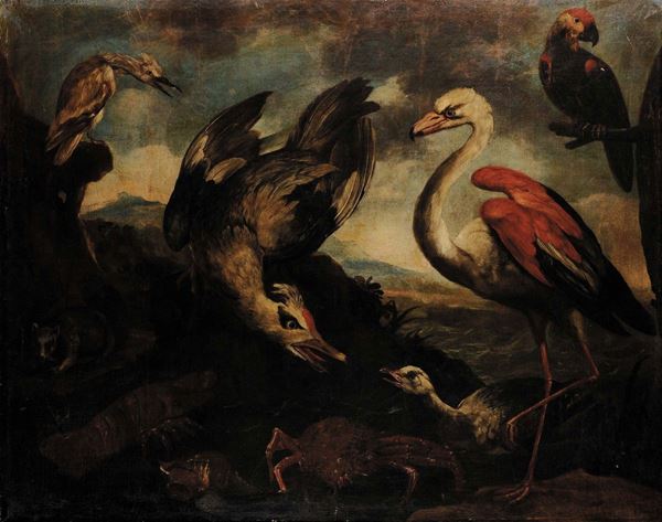 Giovanni Crivelli detto Il Crivellino (?-1760) Uccelli entro paesaggio