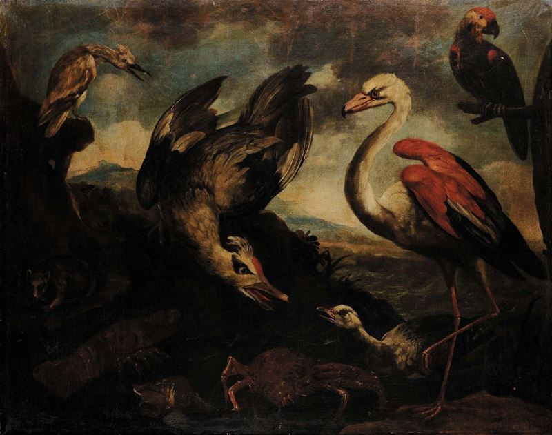 Giovanni Crivelli detto Il Crivellino (?-1760) Uccelli entro paesaggio  - Asta Antiquariato e Dipinti Antichi - Cambi Casa d'Aste