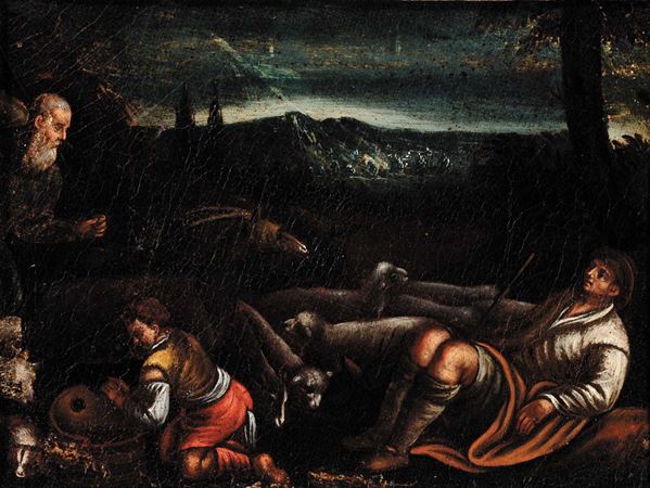 Jacopo Bassano (1510/18-1592), ambito di Adorazione dei pastori Annuncio ai pastori