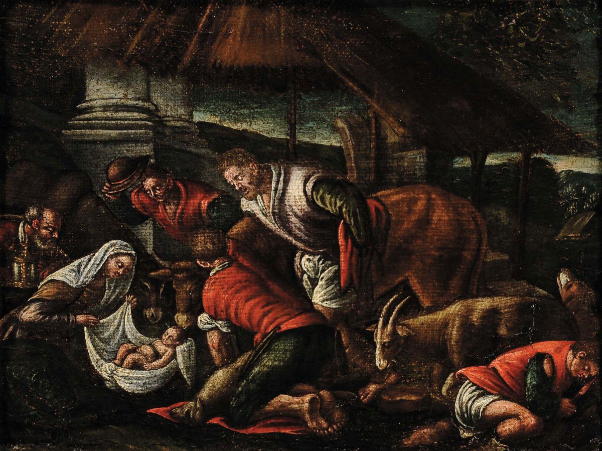 Jacopo Bassano (1510/18-1592), Ambito Diadorazione dei Pastori Annuncio ai Pastori